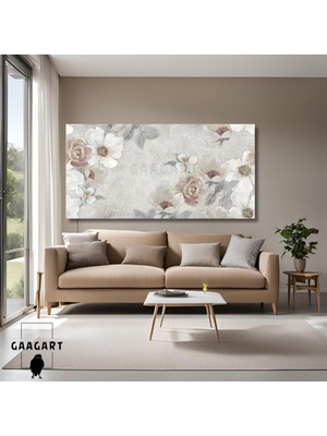 Gaagart Panoramik Kanvas Duvar Tablosu Açık Kahverengi Beyaz Çiçekler