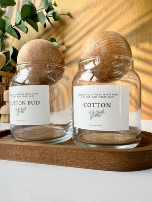 Mottogo 2'li Top Kapaklı Kavanoz ve Ahşap Altlık Pamukluk - Kulak Pamukluğu Cotton - Cotton Bud