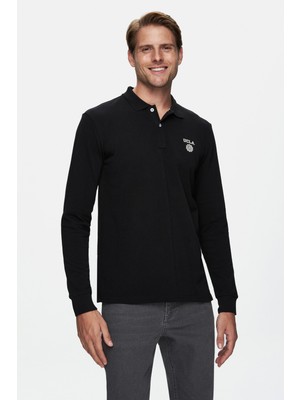 Maxwell Siyah Polo Yaka Baskılı Standard Fit Erkek Sweatshirt