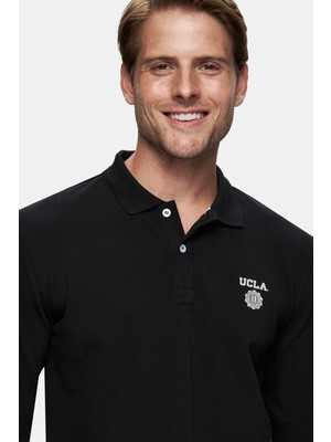Maxwell Siyah Polo Yaka Baskılı Standard Fit Erkek Sweatshirt