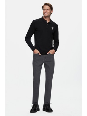Maxwell Siyah Polo Yaka Baskılı Standard Fit Erkek Sweatshirt