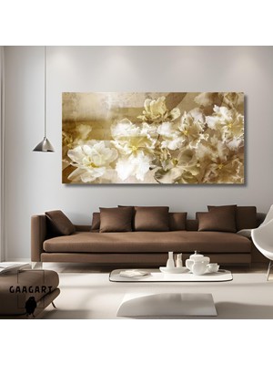Gaagart Panoramik Kanvas Duvar Tablosu Beyaz Sarı Soyut Çiçekler