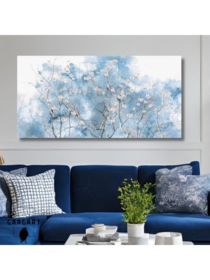Gaagart Panoramik Kanvas Duvar Tablosu Mavi Soyut Şekiller ve Çiçekler