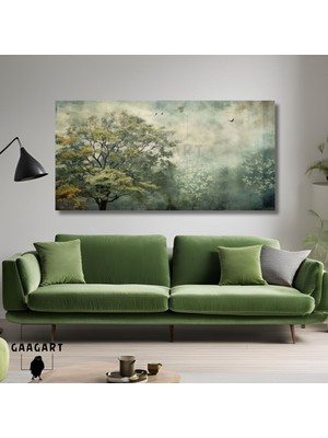 Gaagart Panoramik Kanvas Duvar Tablosu Soyut Yeşil Ağaç ve Kuşlar