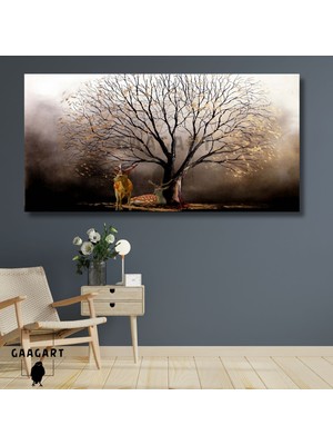 Gaagart Panoramik Kanvas Duvar Tablosu Kahverengi Ağaç ve Geyikler