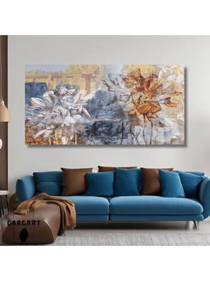 Gaagart Panoramik Kanvas Duvar Tablosu Mavi Gri Turuncu Bitki Dizaynı