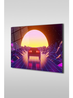 Glaszen Eski Araba Retro Günbatımı Dekoratif Yatay Cam Tablo