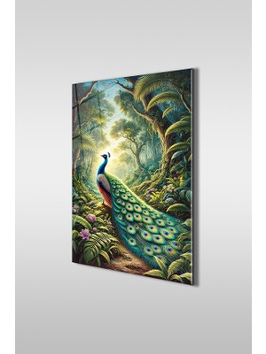Glaszen Görkemli Tavuskuşu Dekoratif Dikey Cam Tablo