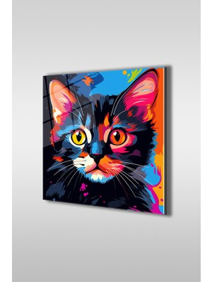 Glaszen Pop Art Renkli Kedi Portre 3 Kare Cam Tablo