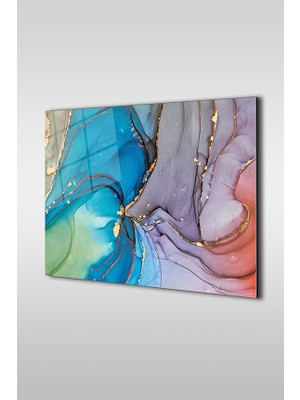 Glaszen Altın Detaylı Soyut Mürekkep Desen Yatay Cam Tablo