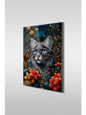 Glaszen Ihtişamlı Kedi Portre 2 Modern Dikey Cam Tablo