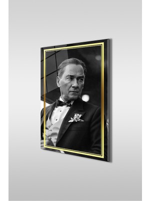 Glaszen Atatürk Yapay Zeka Siyah Beyaz Dikey Cam Tablo