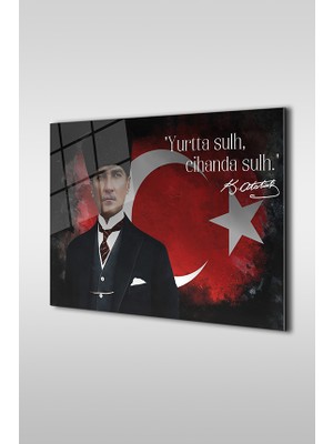Glaszen Atatürk ve Türk Bayrağı 2 Özel Tasarım Yatay Cam Tablo