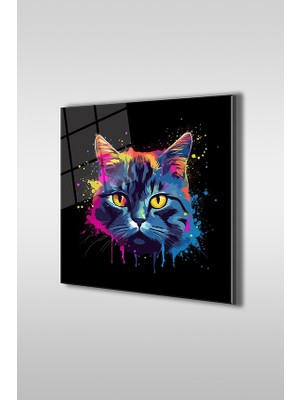 Glaszen Pop Art Renkli Kedi Portre 4 Kare Cam Tablo