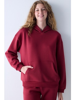 Bordo Kapüşonlu Oversize Şardonlu Sweatshirt