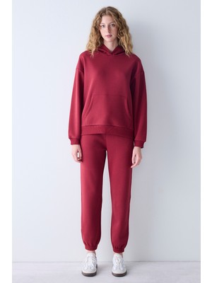 Bordo Kapüşonlu Oversize Şardonlu Sweatshirt