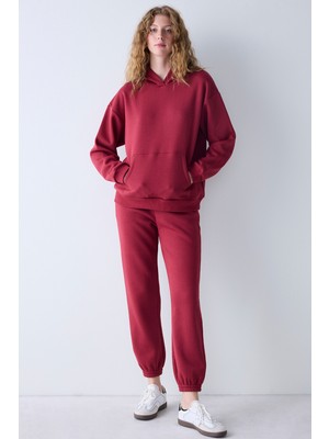 Bordo Kapüşonlu Oversize Şardonlu Sweatshirt