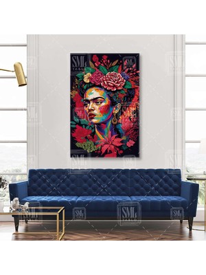 SML Tablo Kırmızı Çiçek Taçlı Frida Kahlo Illüstrasyonu Ressam Dikey Kanvas Tablo
