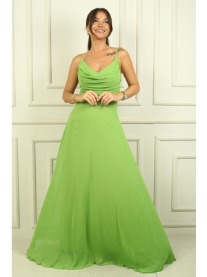 Kadın Ip Askılı Drapeli Astarlı Şifon Uzun Elbise