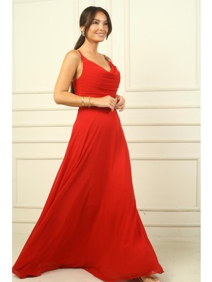 By Saygı Kadın Ip Askılı Drapeli Astarlı Şifon Uzun Elbise