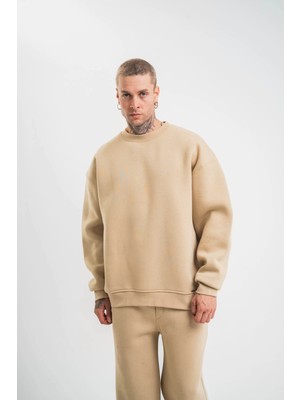 Tarz Yeri Uzun Kol Bisiklet Yaka Basic Sweatshirt - Bej