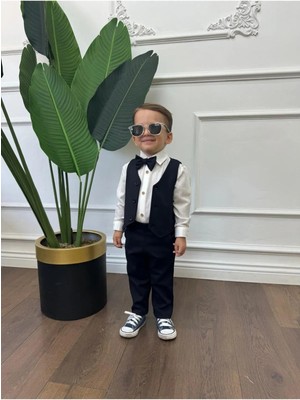 Ares Kids Fashion Beyaz Gömlek Lacivert Yelek , Pantolon ve Papyon Şık Giyim Için Erkek Kız Çocuk Hediye