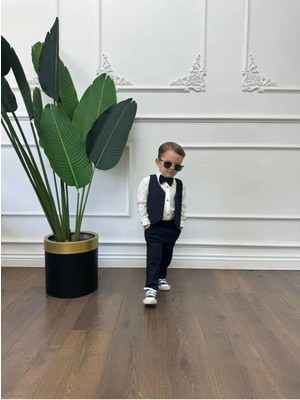 Ares Kids Fashion Beyaz Gömlek Lacivert Yelek , Pantolon ve Papyon Şık Giyim Için Erkek Kız Çocuk Hediye