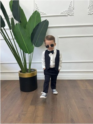 Ares Kids Fashion Beyaz Gömlek Lacivert Yelek , Pantolon ve Papyon Şık Giyim Için Erkek Kız Çocuk Hediye