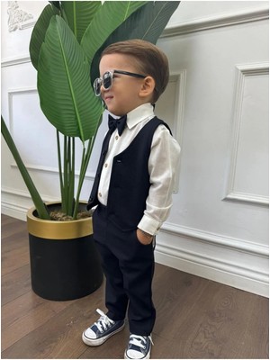 Ares Kids Fashion Beyaz Gömlek Lacivert Yelek , Pantolon ve Papyon Şık Giyim Için Erkek Kız Çocuk Hediye