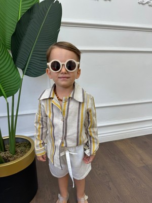 Ares Kids Fashion Keten Gömlek Beyaz Sarı ve Gri Çocuk ve Bebek Giyim Hediyelik Erkek Giyim