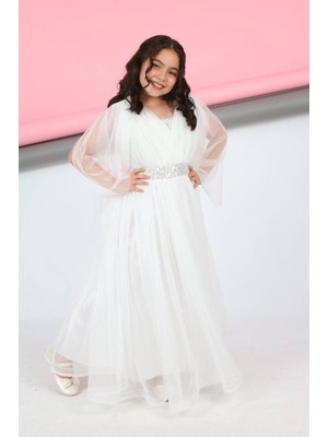 Mensis Beli Simli Kolları Pelerin Görünümlü Beli Lastikli Abiye