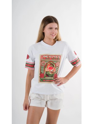 Kadın Beyaz Kırmızı Peponi Baskılı Bisiklet Yaka T-Shirt HZL24S-YY302