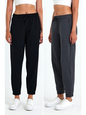 Kadın Siyah-Antrasit Pamuklu Kalın Paçası Lastikli Yüksek Bel Rahat Jogger 2'li Eşofman Altı