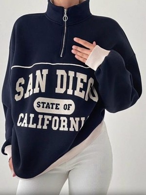 You Like Butik Biye Detaylı Baskılı Yarım Fermuar Sweatshirt