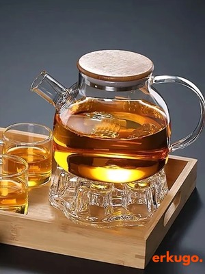 Erkugo Vakumlu Bambu Kapaklı Isıya Dayanıklı Borosilikat Cam Demlik, Süzgeçli Demlik (1000 Ml) Teapot