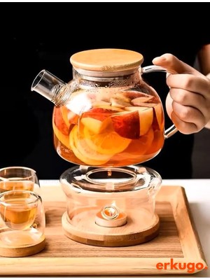 Erkugo Vakumlu Bambu Kapaklı Isıya Dayanıklı Borosilikat Cam Demlik, Süzgeçli Demlik (1000 Ml) Teapot