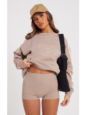 Pretty Little Thing Taupe Miami Işlemeli Sweatshirt