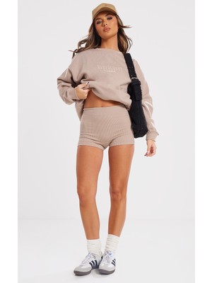 Pretty Little Thing Taupe Miami Işlemeli Sweatshirt