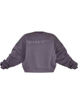 Pretty Little Thing Kömür Rengi Işlemeli Sweatshirt