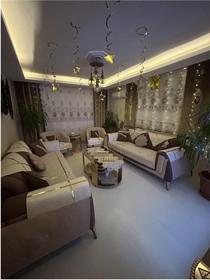 Tekstilsa Yeni Moda Lüks Kadife Süngerli Koltuk Çekyat Örtüsü (12 Parça Takım 3,3,1,1) Krem Rengi