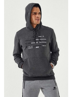 Tommy Life Antrasit Melanj Şerit Nakışlı Standart Kalıp Kapüşonlu Erkek Sweatshirt - 87885