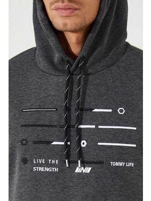 Tommy Life Antrasit Melanj Şerit Nakışlı Standart Kalıp Kapüşonlu Erkek Sweatshirt - 87885