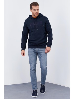 Tommy Life Lacivert Nakışlı Kanguru Cep Standart Kalıp Kapüşonlu Erkek Sweatshirt - 87839