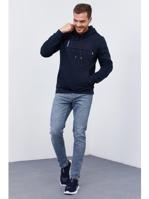 Tommy Life Lacivert Nakışlı Kanguru Cep Standart Kalıp Kapüşonlu Erkek Sweatshirt - 87839