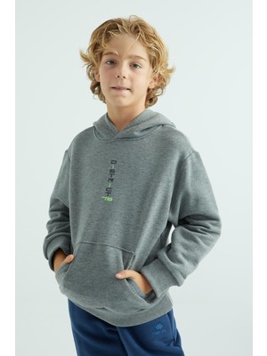 Tommy Life Gri Melanj Ön Ve Kapüşon Yazı Detaylı Standart Kalıp Erkek Çocuk Sweatshirt - 11037