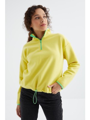 Tommy Life Limon Yarım Fermuar Etek Ucu Büzgülü Dik Yaka Oversize Kadın Polar Sweatshirt - 97234