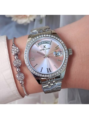 Daniel Klein 33 mm Jübile Bilezik Pembe Kadran Takvimli Metalik Kadın Kol Saati, Taşlı Bileklik Hediyeli