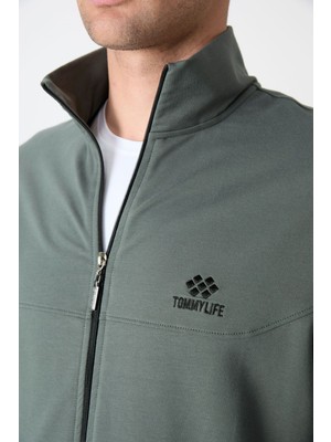 Tommy Life Haki Dik Yaka Fermuarlı Rahat Form Klasik Paça Erkek Eşofman Takım - 85072