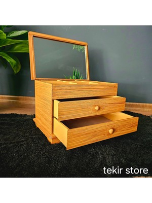 Tekir Store Aynalı Iki Çekmeceli Dekoratif Takı Saat Kutusu Çok Amaçlı Organizer Ahşap Rustik Bambu Eskitme Mdf