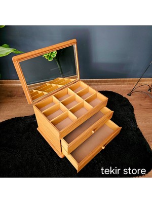 Tekir Store Aynalı Iki Çekmeceli Dekoratif Takı Saat Kutusu Çok Amaçlı Organizer Ahşap Rustik Bambu Eskitme Mdf